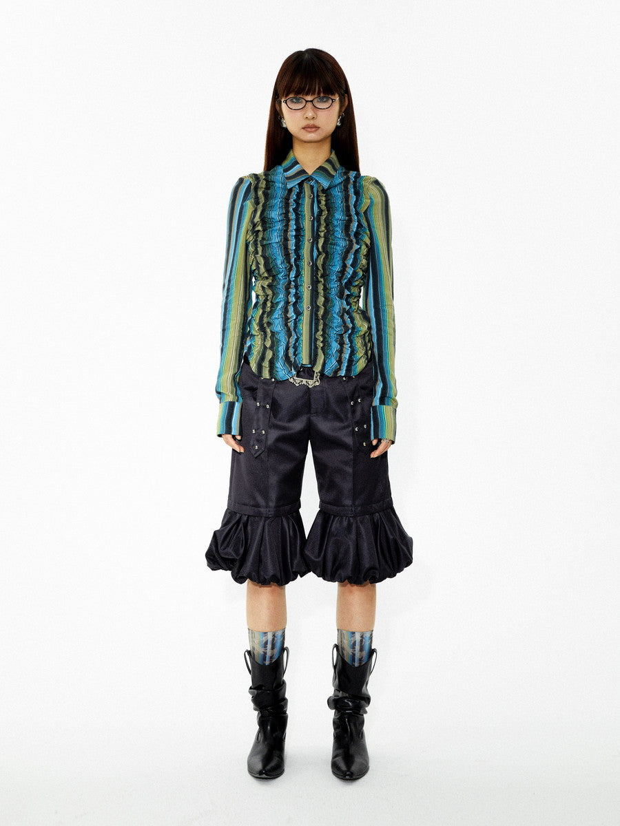 Stripe Colorfer Frill Ruffle Nichi Wunderschöne Bluse