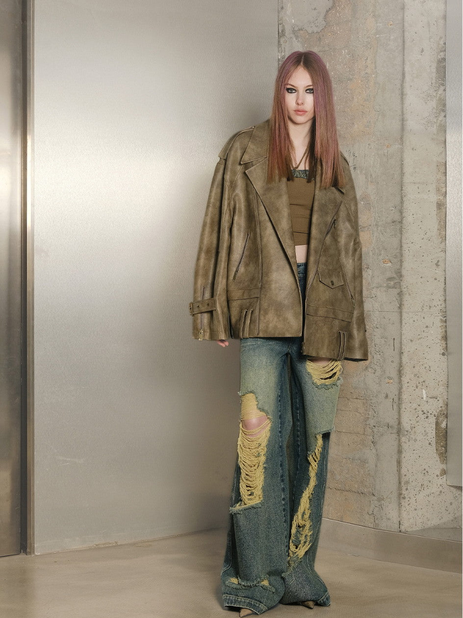 Tie-Dye Leather Oversize Handsome Jacket