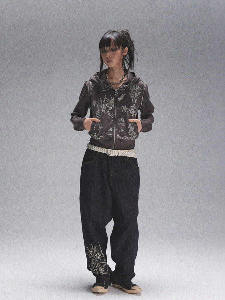 Print Denim Loose Casual Wide-Leg Pants