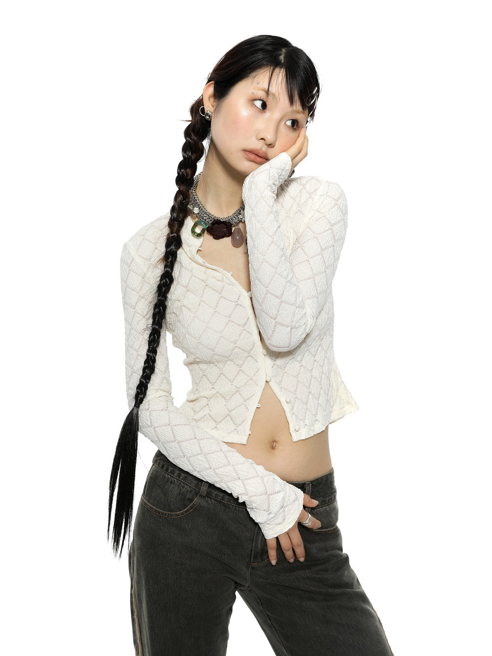 Mao-Collar Cropped Tight Thin Knit