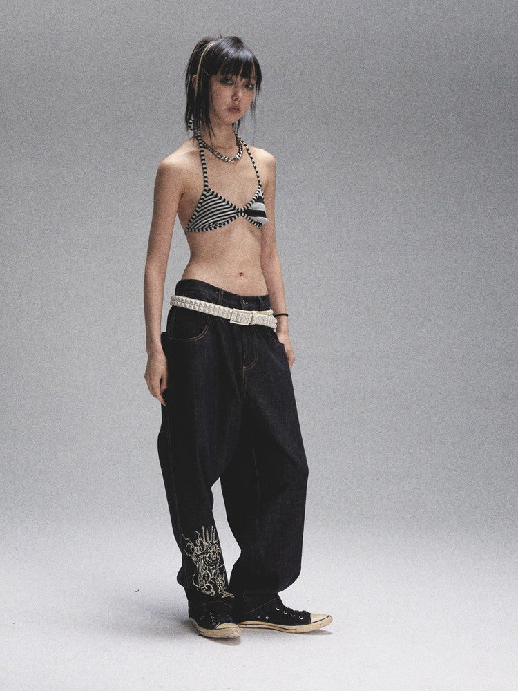 Print Denim Loose Casual Wide-Leg Pants