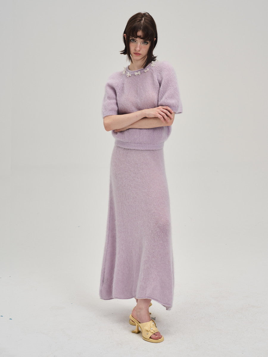 Crew-Neck Ribbon Sweet Feminine Pale Tops&Long-Skirt