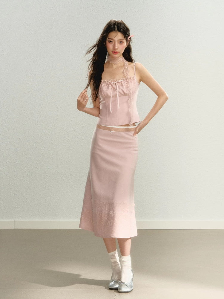 Set-Up Lace Ribbon Feminine Camisole&Long-Skirt