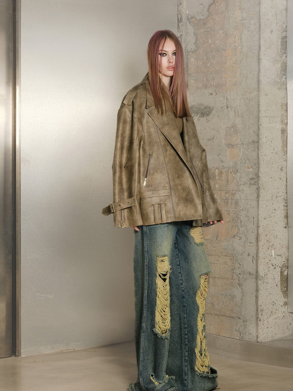 Tie-Dye Leather Oversize Handsome Jacket