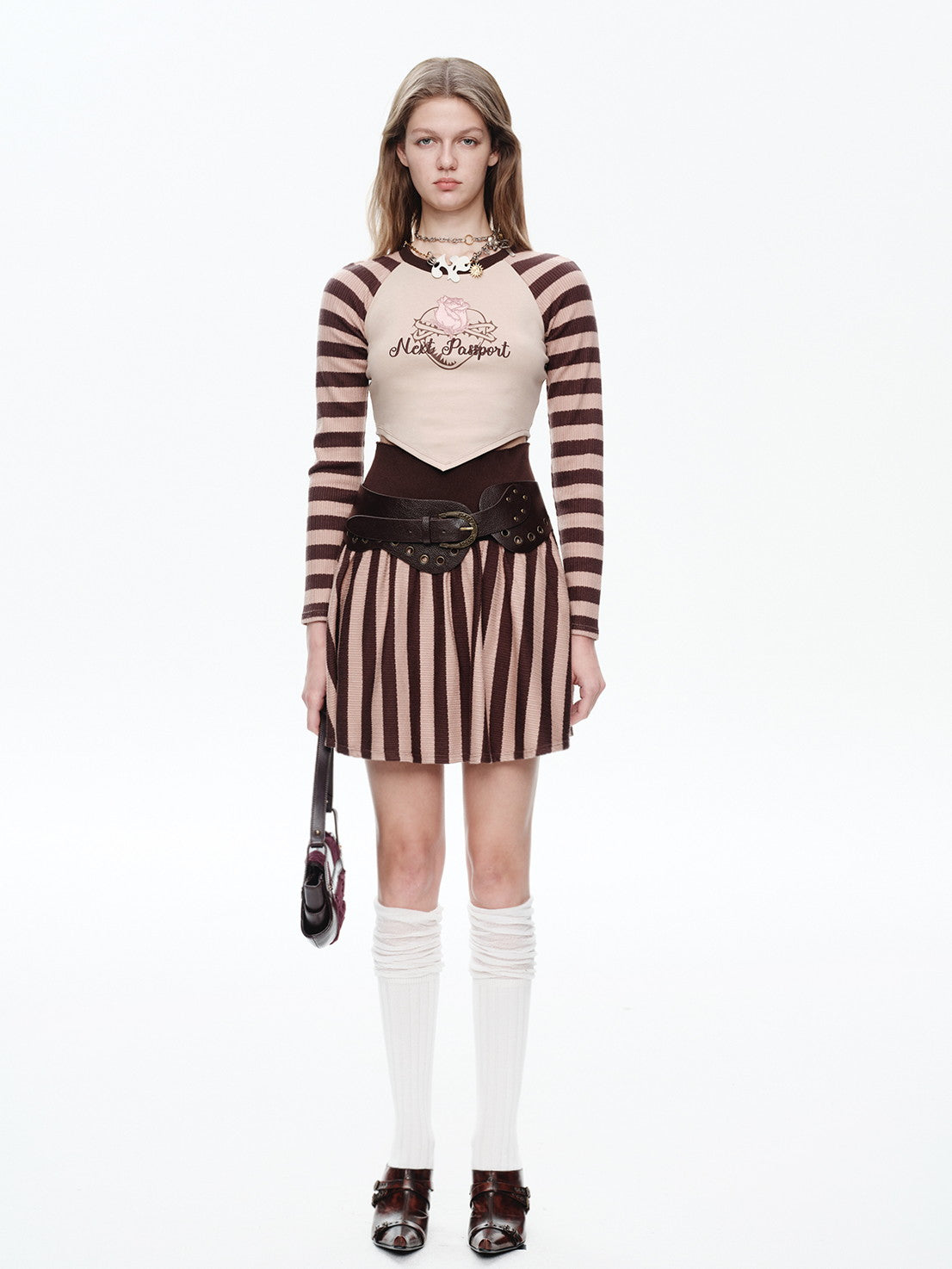 Knit Border Casual Set-Up Long-T-Shirt&Mini-Skirt