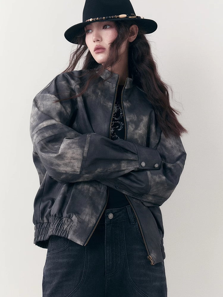 Speckte Krawatten-Dye-Leder-Retro-Vintage-Jacke