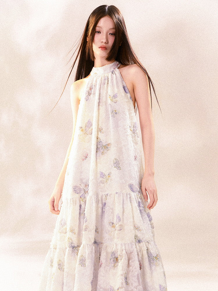 American-Sleeve Pale-Tone Flower Tiered No-Sleeve Long Dress