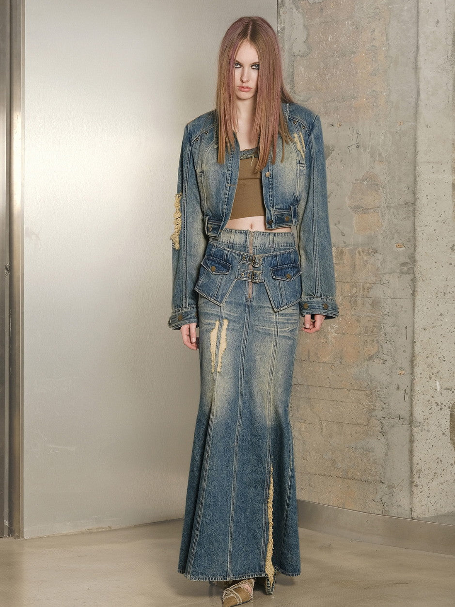 데님 세척 빈티지 인어 재킷 및 장거리 스커트
