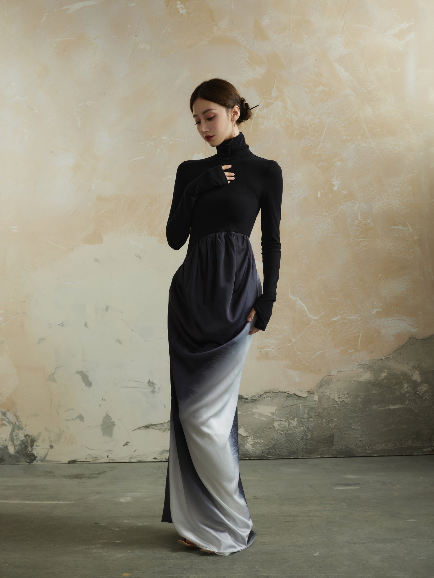 Knit Gradation Drape High-Neck Mix Elegant One-Piece