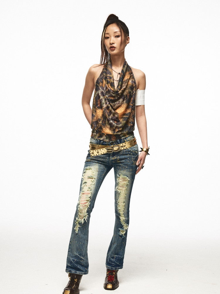 Halter-Neck Back-Open Drape Tie-Dye Loose Tops