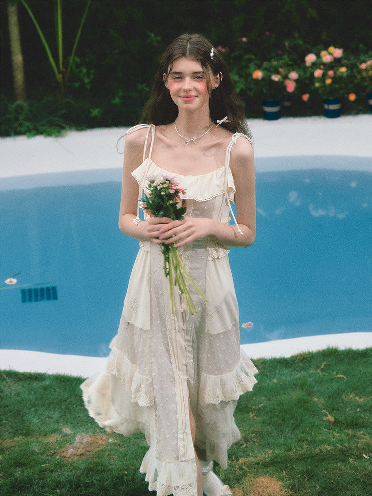 Lace Frill Camisole Ribbon Cute Long Dress