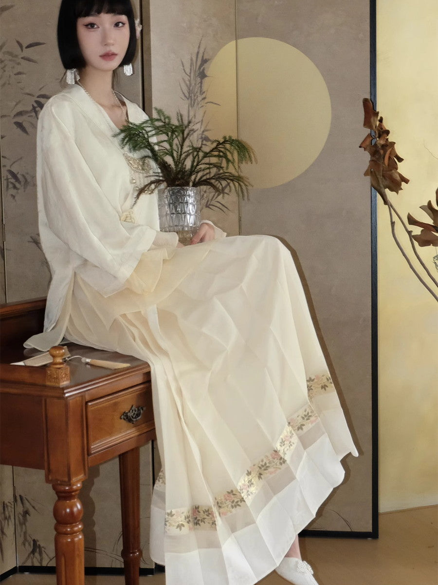 Embroidery Flowr Retro Sheer Box-Pleats Long-Skirt