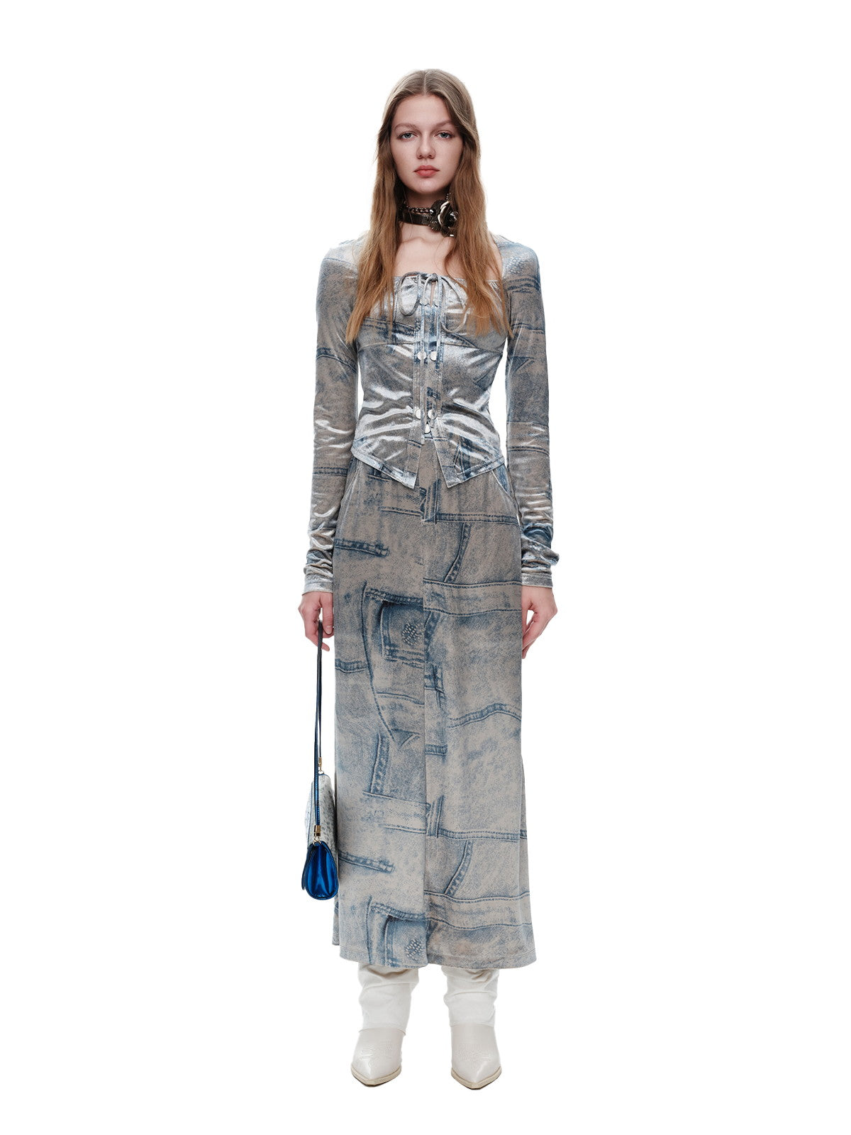 Fake-Denim Velvet Smooth Nichi Set-Up Tops&Long-Skirt