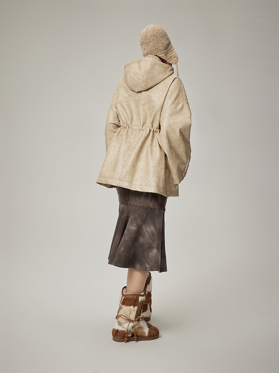 Leder Draw String Hoodie Casual Oversize Jacke