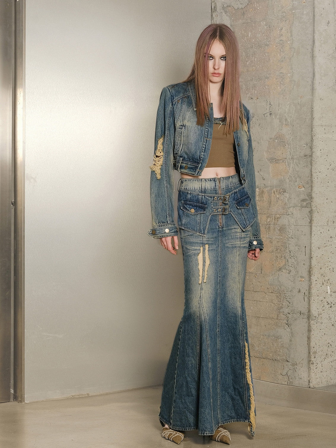 Set-Up Denim Washed Casual Mermaid Jacket&Long-Skirt