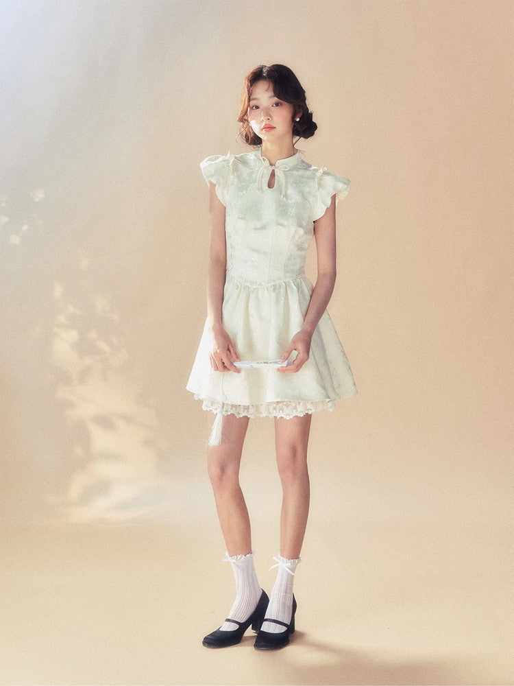 Embroidery Puff-Sleeve Frill Flower Lace Flare Dress
