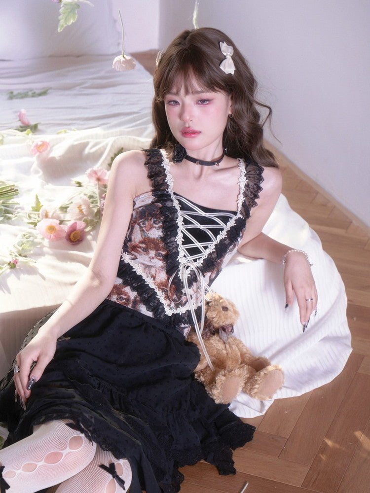 Lace Lace-Up Elegant Flower Gothic Frill No-Sleeve Tops