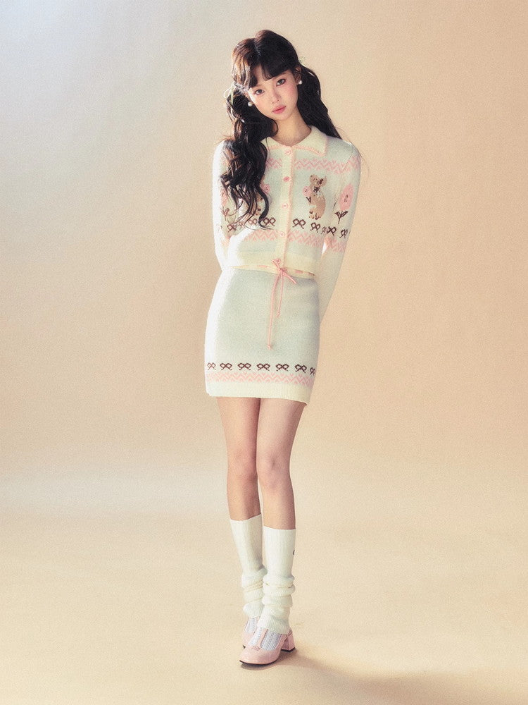 Set-Up Knit Retro Rabbit Ribbon Cardigan&Mini-Skirt