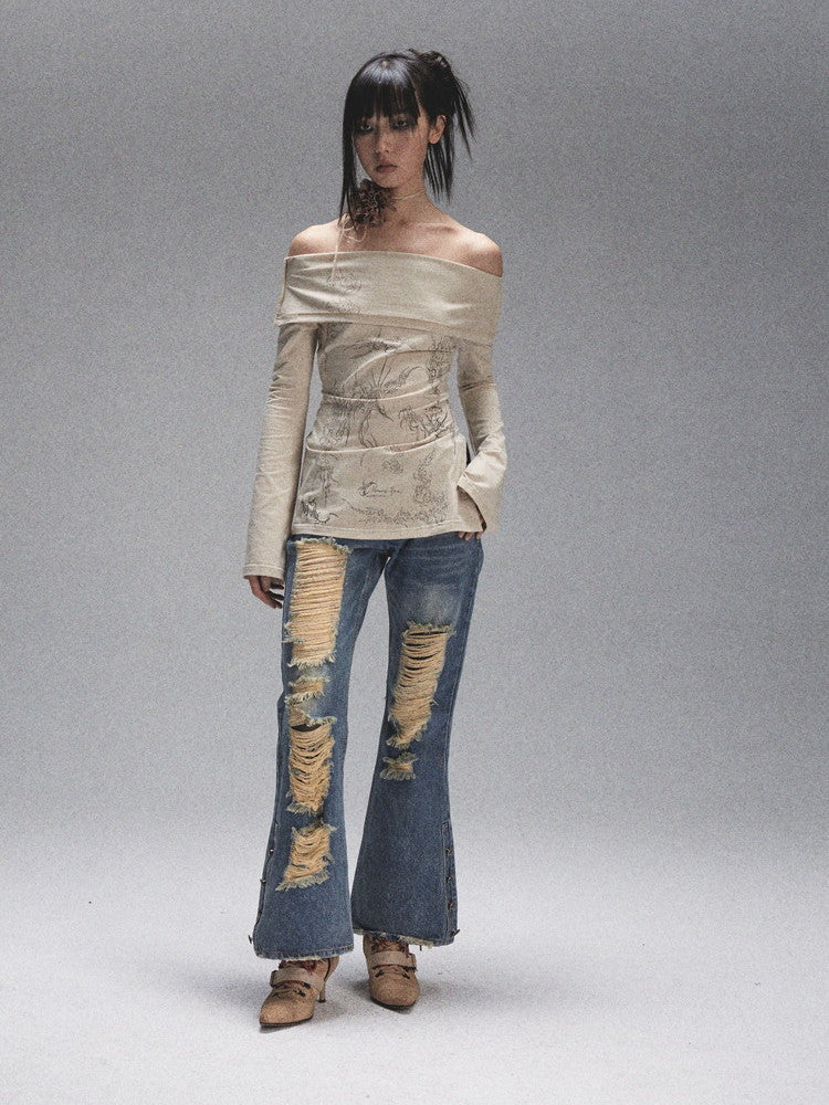 Denim Damage Crash Nichi Casual Washed Flare-Pants