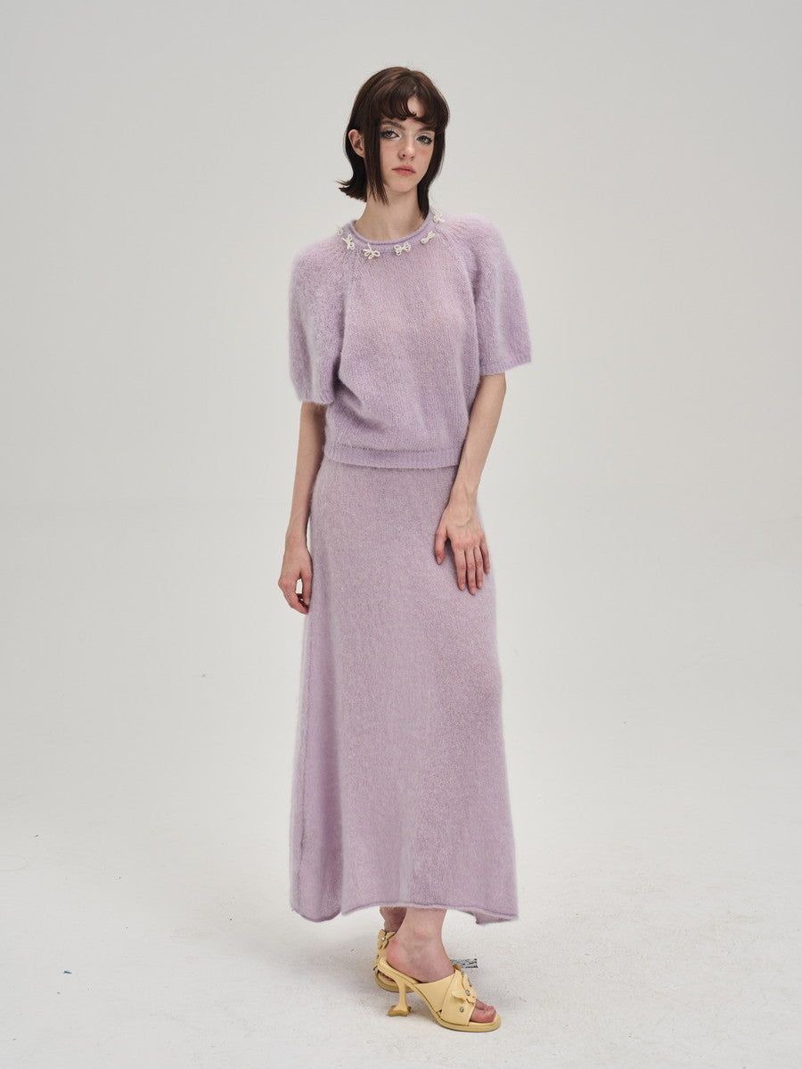 Crew-Neck Ribbon Sweet Feminine Pale Tops&Long-Skirt