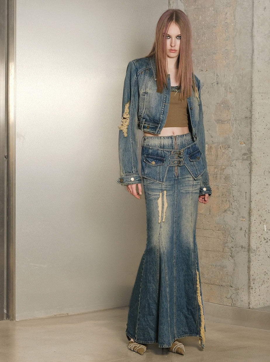 데님 세척 빈티지 인어 재킷 및 장거리 스커트