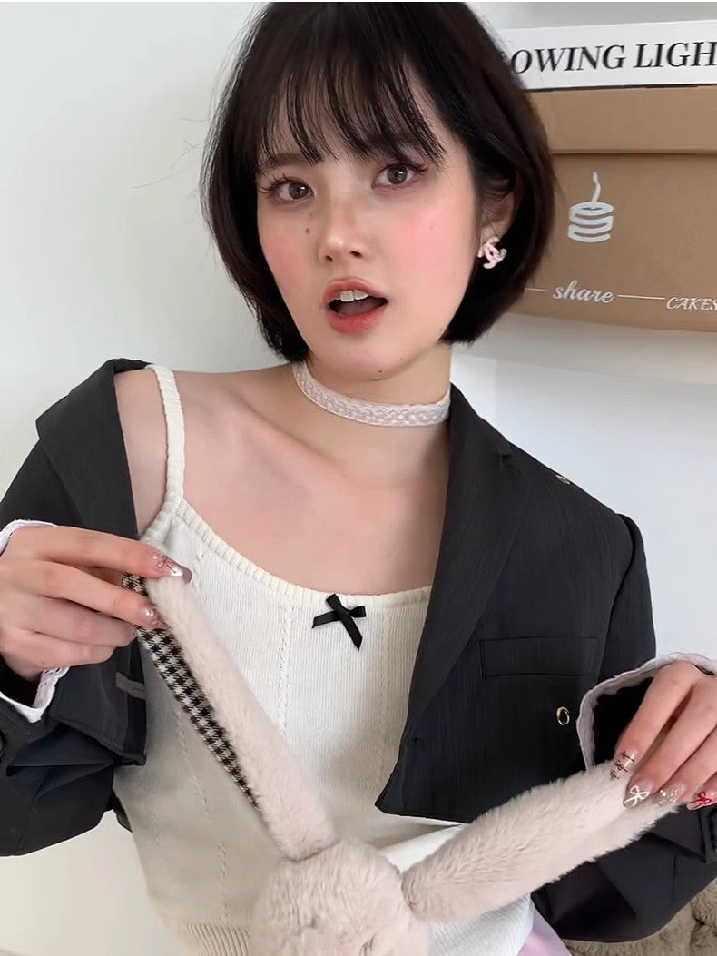 Ribbon Simple Slim Chic Knit Camisole&Knit