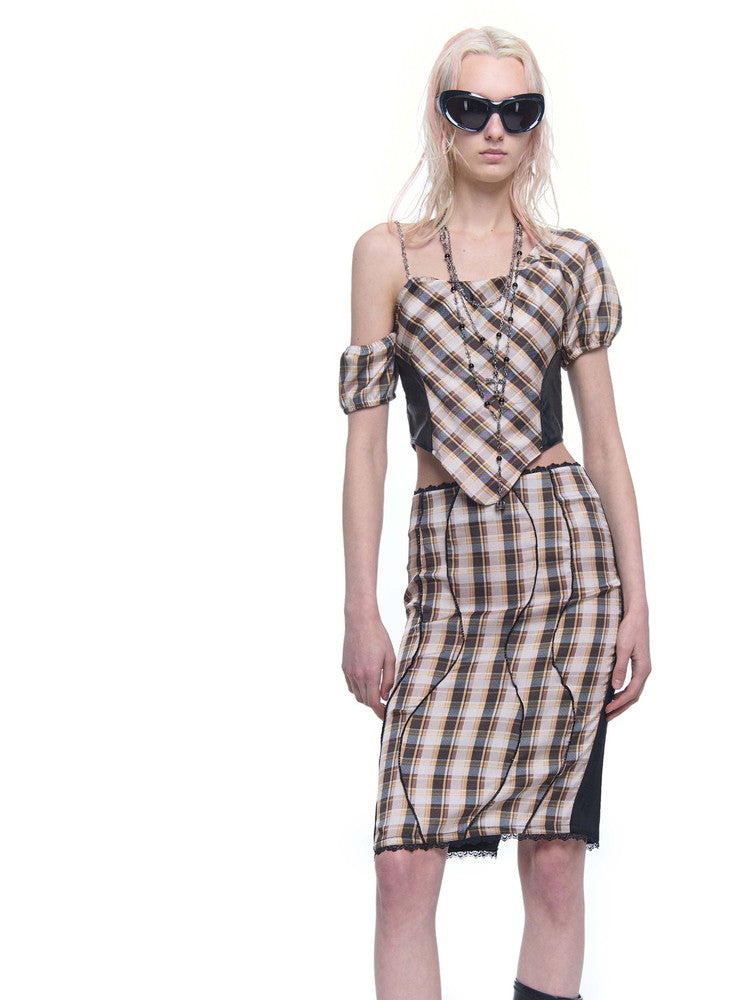 Checked Girly Asymmetry One-Shoulder Puff-Sleeve Lace Blouse&Skirt