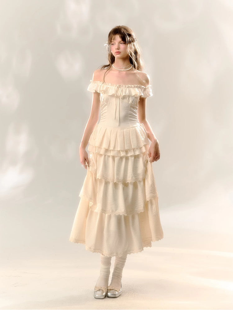 2Way Long Tiered Frill Pleats Slim Off-Shoulder Dress