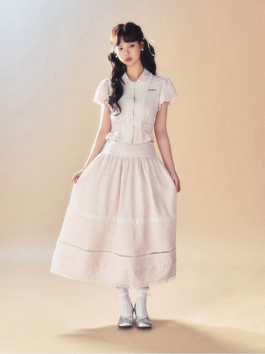 Femineine Puff-Ärmeln Back-Ribbon Spitze Retro Bluse Bluse & Long-Rocke