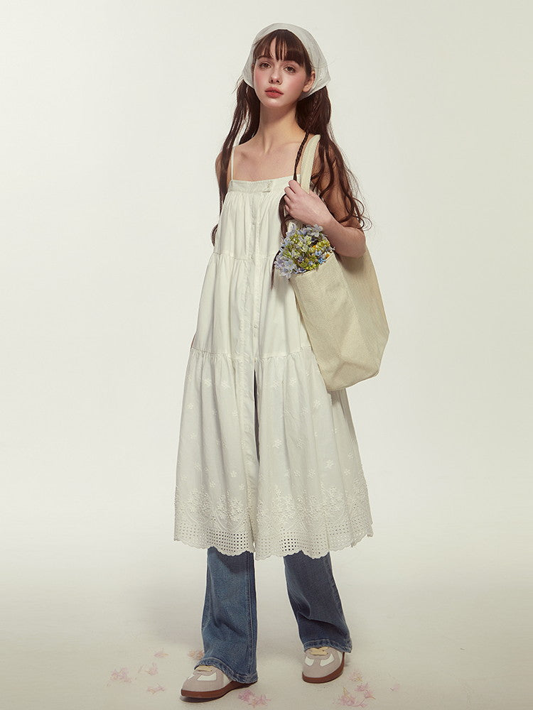 Camisole Lace Stripe Flare Button Layered Casual Dress
