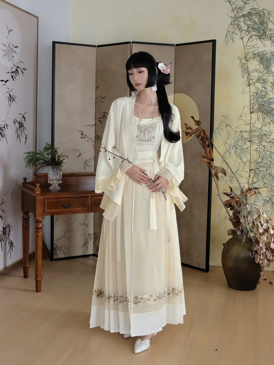 Embroidery Flowr Retro Sheer Box-Pleats Long-Skirt
