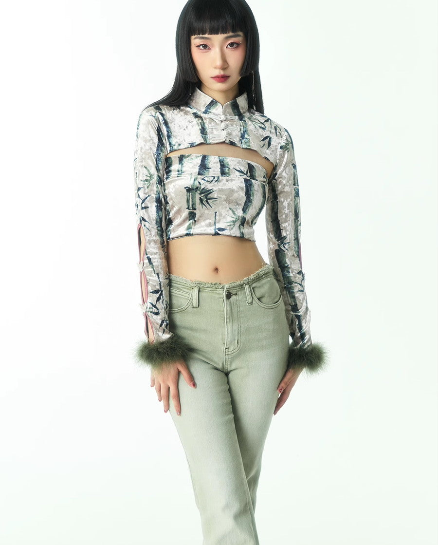 Fur China Embroidery Sleeve-Cut Banboo Nichi Bolero