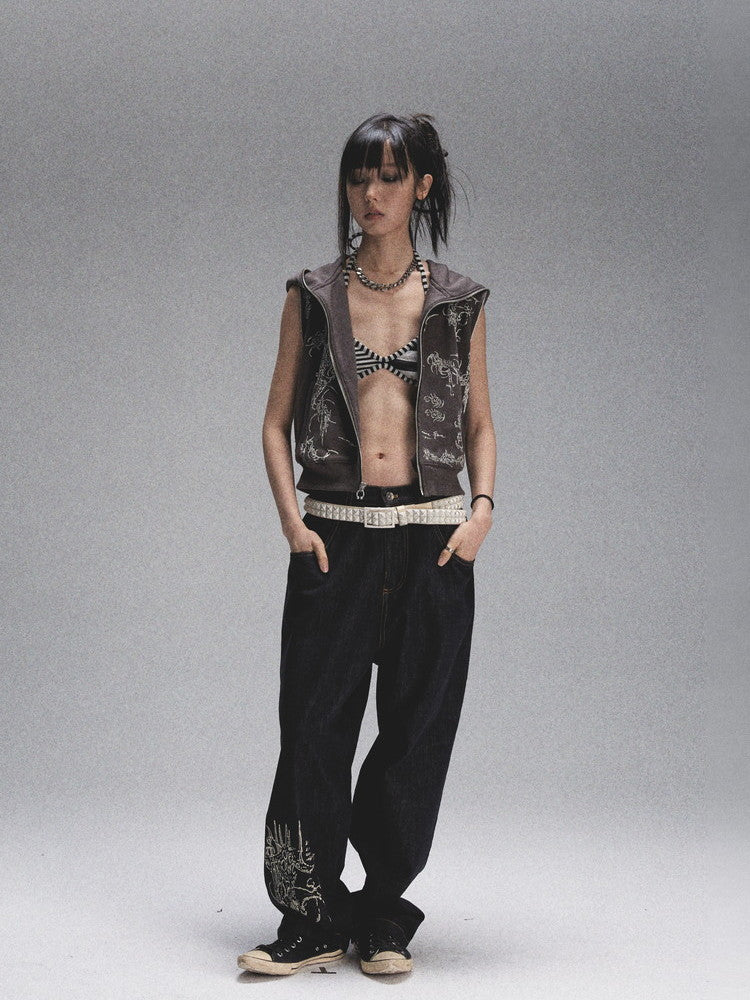 Print Denim Loose Casual Wide-Leg Pants