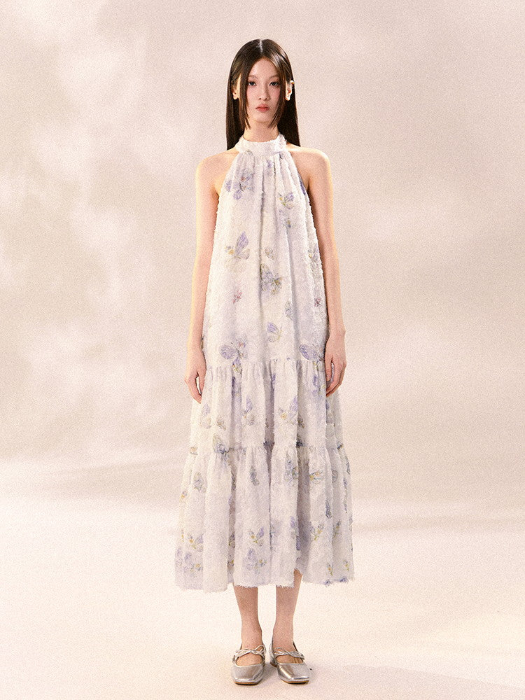 American-Sleeve Pale-Tone Flower Tiered No-Sleeve Long Dress