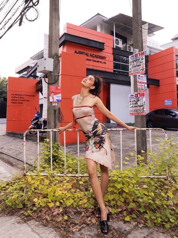 Butterfly Bare-Top Unique Asymmetry Ribbon Tight One-Piece