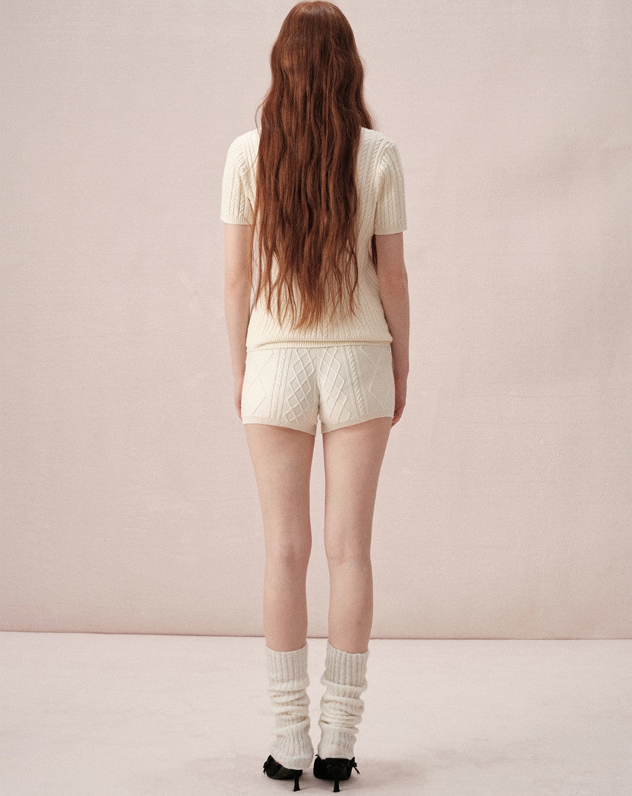 Cable-Knit Polo-Neck Casual Relax Set-Up Tops&Short-Pants