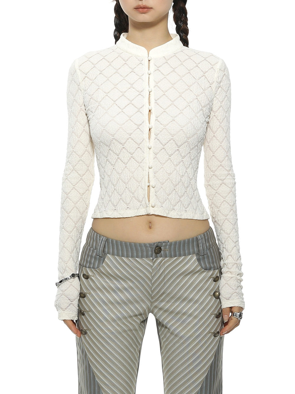 Mao-Collar Cropped Tight Thin Knit