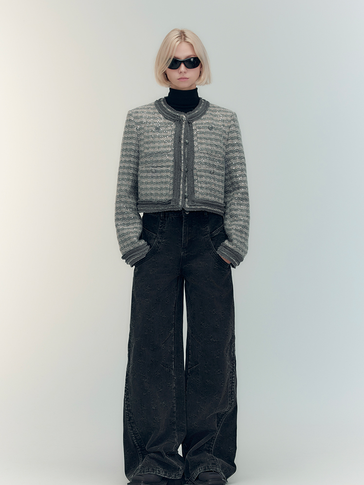 Set-Up Suit Sequins Elegant No-Collar-Jacket&Mini-Skirt