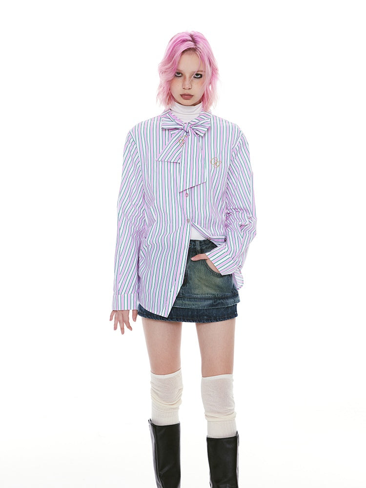 Stripe Ribon-Tie Asymmetry Ovreisze Casual Shirt – ARCANA ARCHIVE