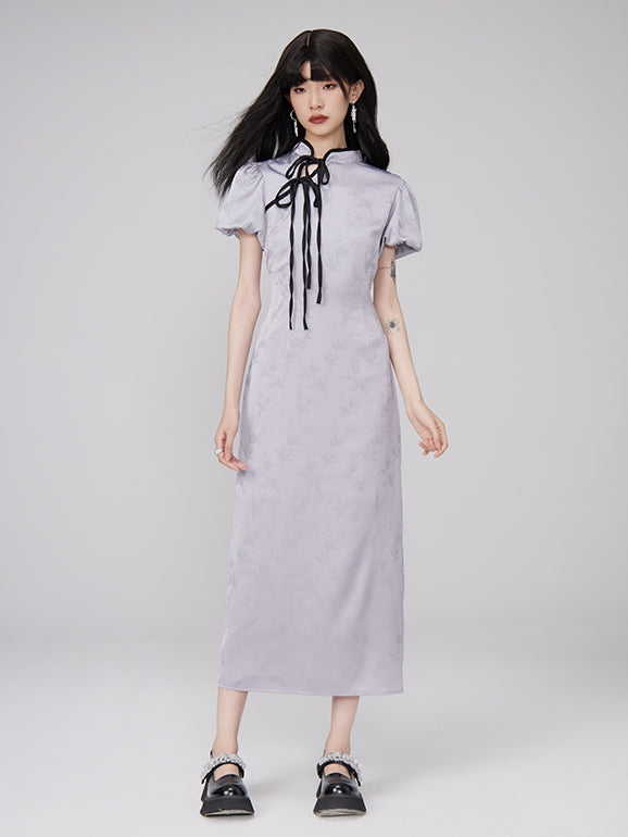 Stickerei Long Retro Puff-Sleeve China Ein-Stück