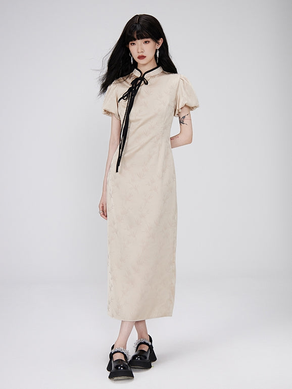 Stickerei Long Retro Puff-Sleeve China Ein-Stück
