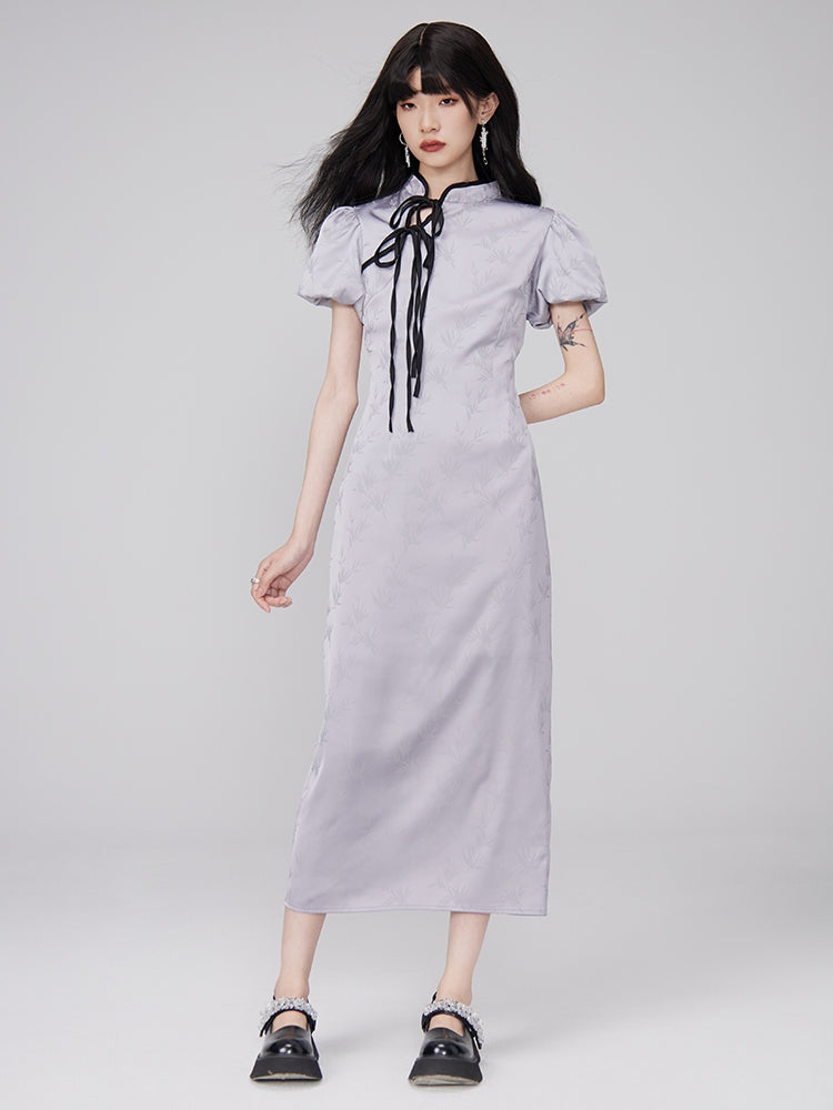 Stickerei Long Retro Puff-Sleeve China Ein-Stück