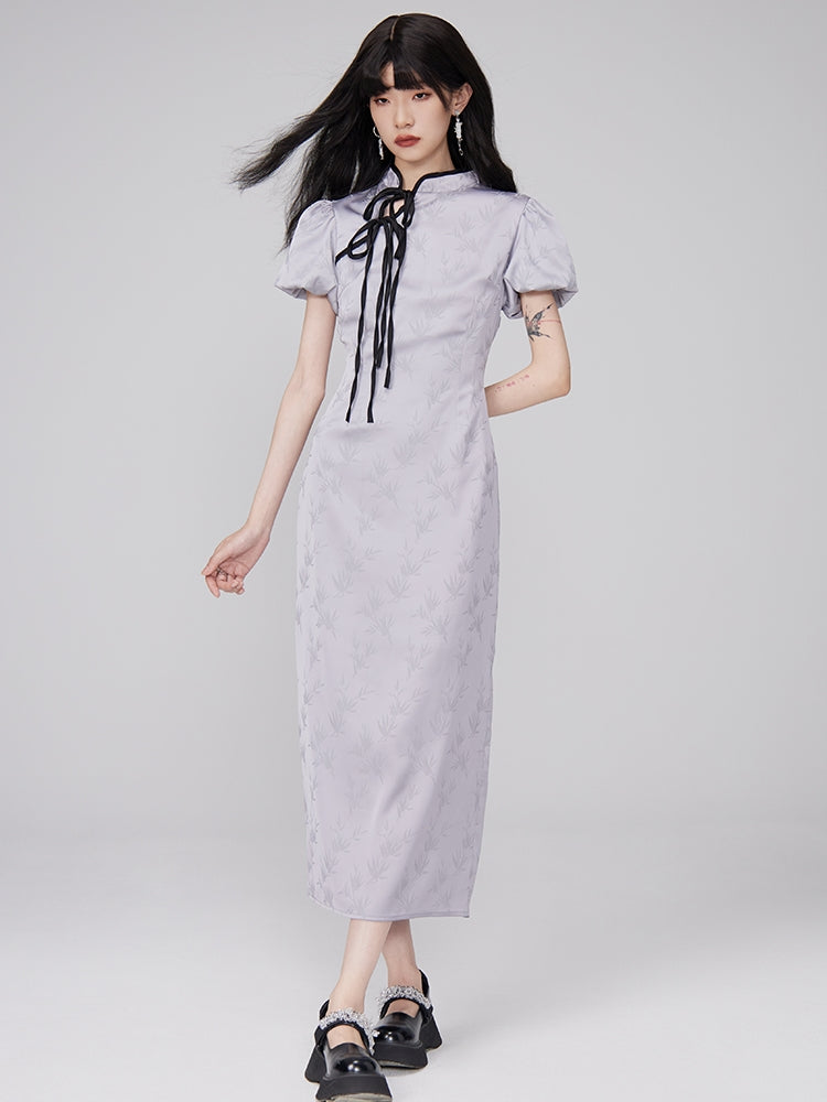 Stickerei Long Retro Puff-Sleeve China Ein-Stück