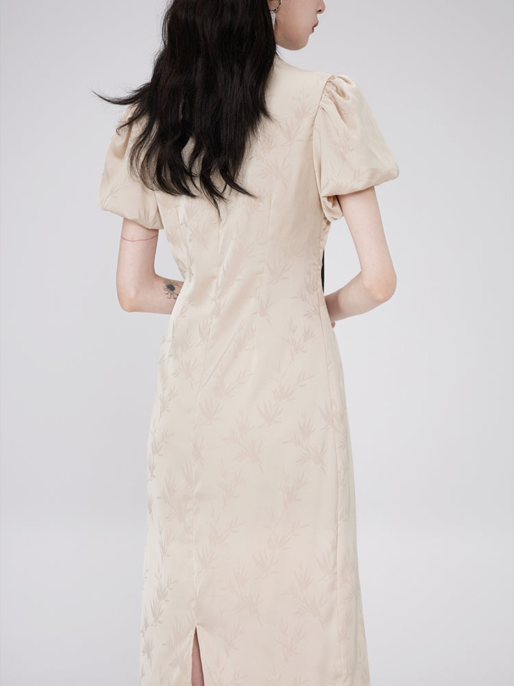 Stickerei Long Retro Puff-Sleeve China Ein-Stück