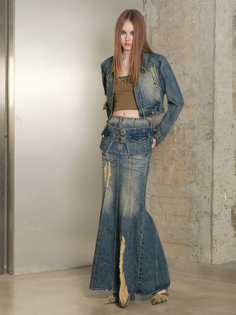 데님 세척 빈티지 인어 재킷 및 장거리 스커트