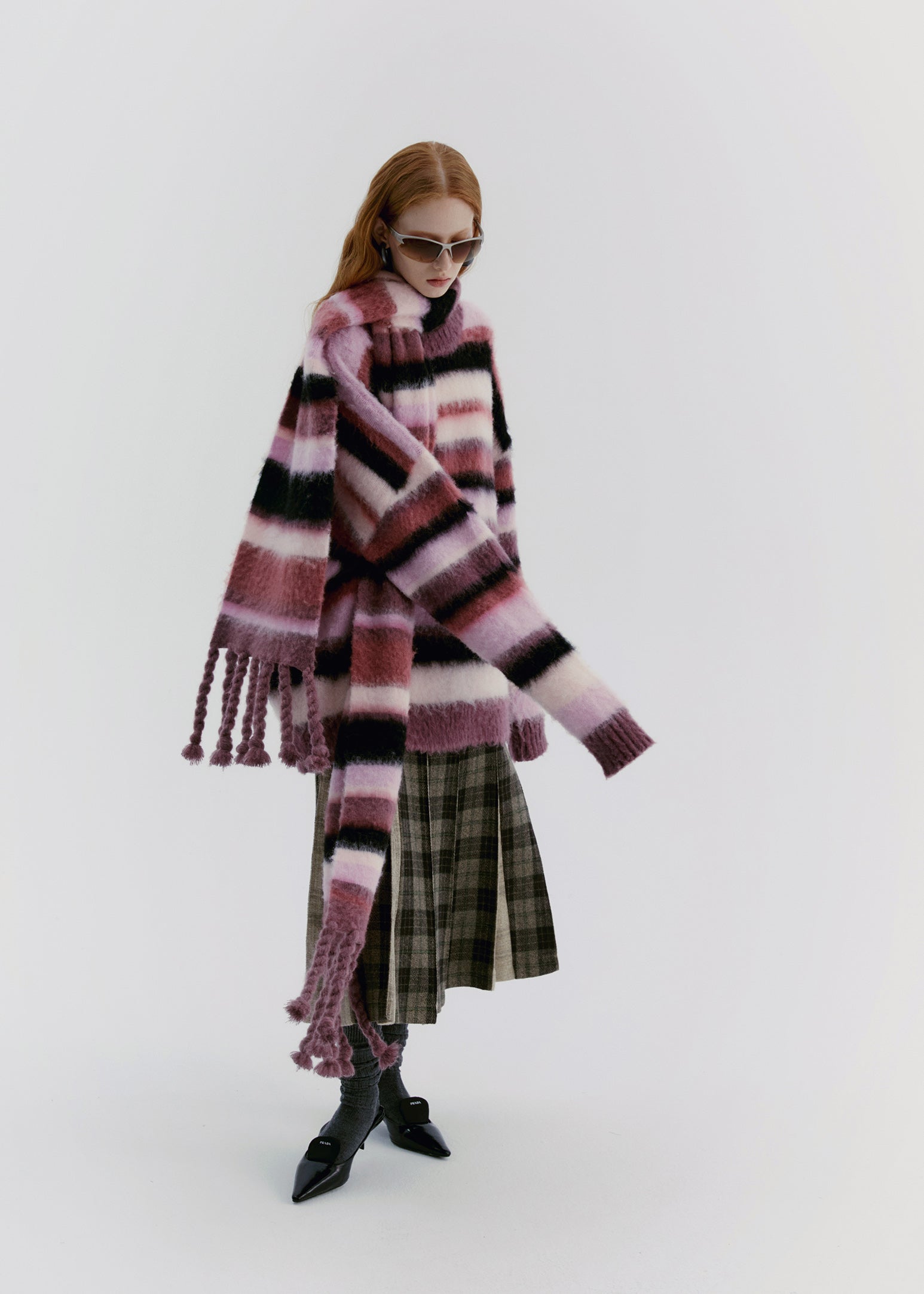 Checked Wool Boc-Pleats Retro Long-Skirt