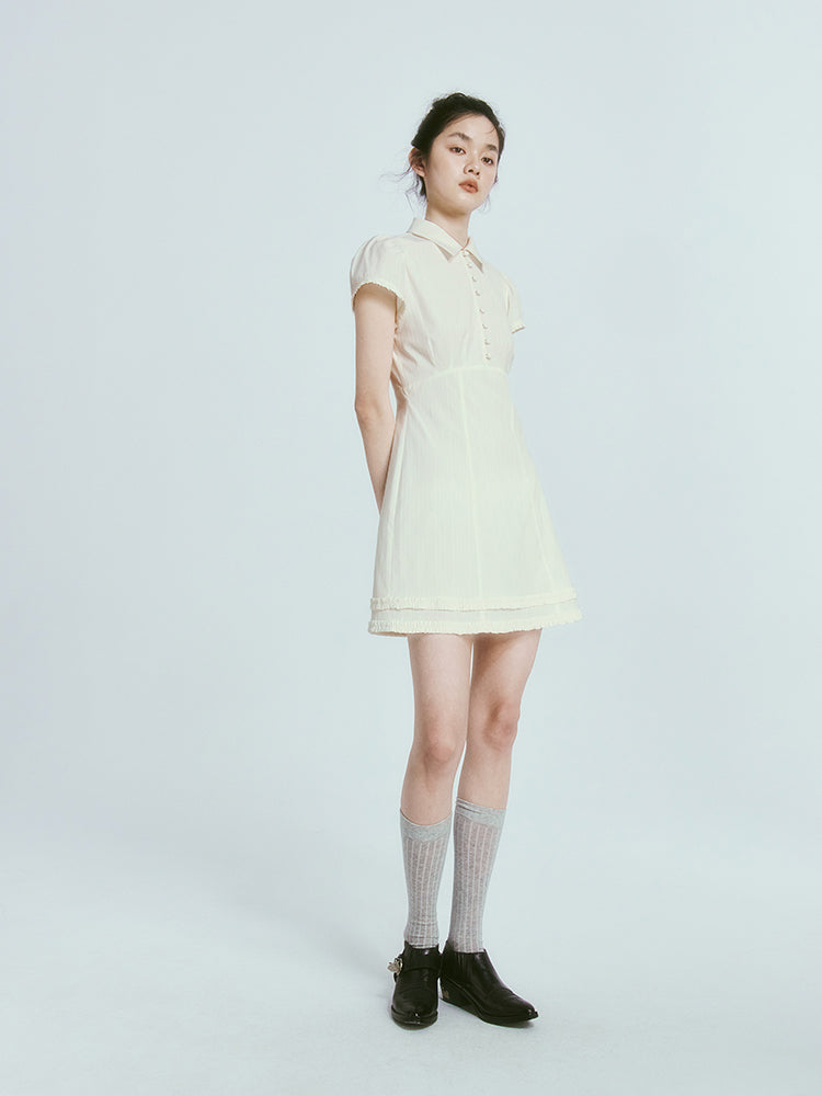 Polo-Neck Stripe Casual Frill Mini-One-Piece