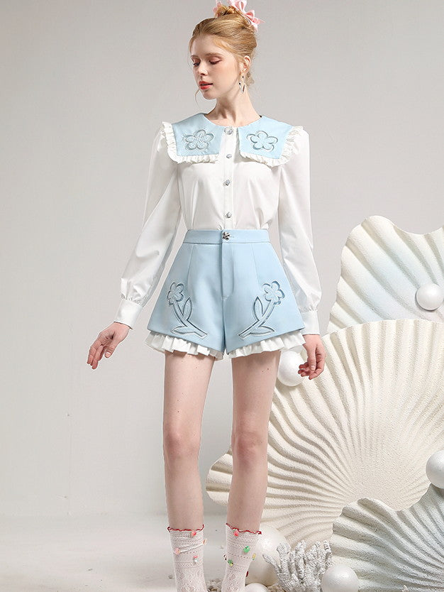 Set-Up Big-Collr Frill Flower Retro Cute Tops&Short-Pants