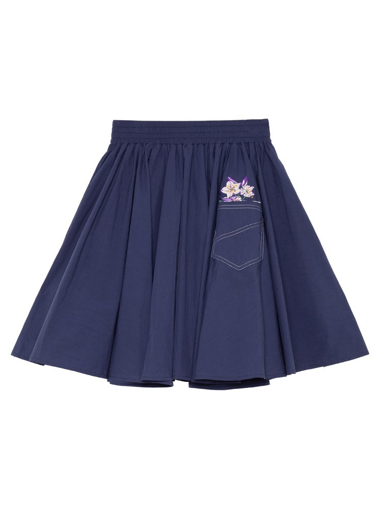 Denim Embroidery Off-Shoulder Pleats Tops&Flare-Slirt