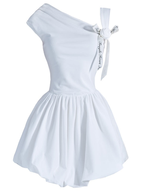 One-Shoulder Ribbon Rose Fluffily Mini One-Piece